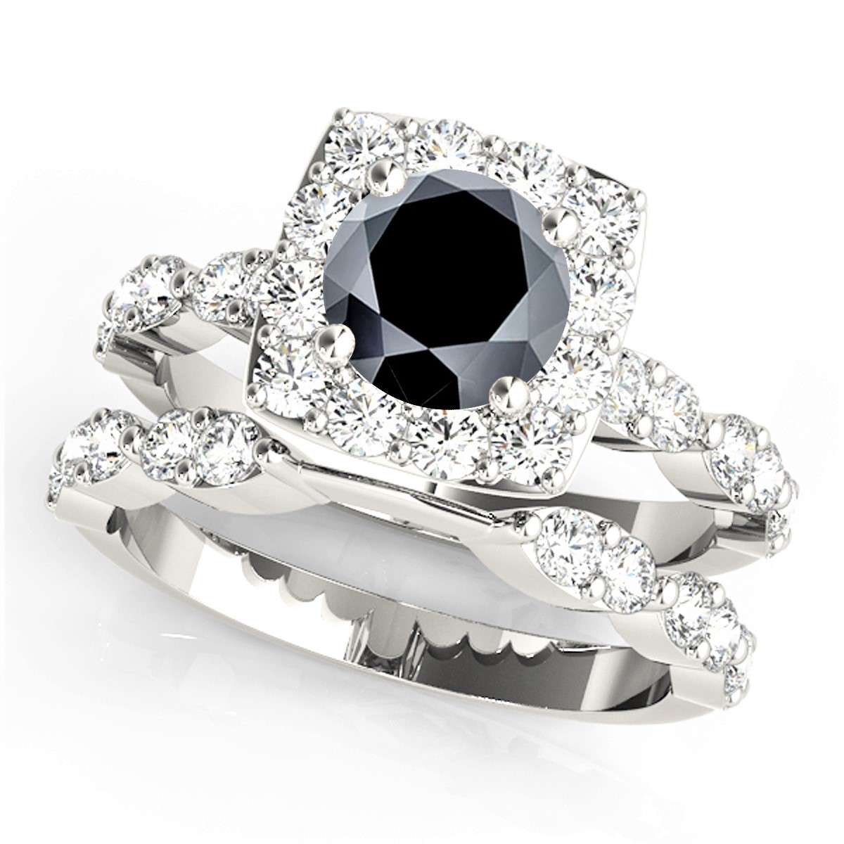 2.08 Carat Black & White Diamond Bridal Set - Halo Engagement Ring in 14K Rose, White, or Yellow Gold Mauli Jewels