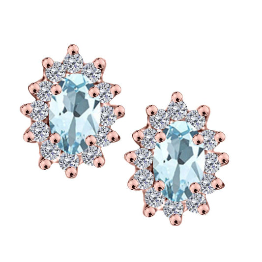 1.25 Carat Oval Shape Aquamarine and Diamond Gemstone Halo Stud Earrings In 10K White & Yellow Gold With Backs Mauli Jewels