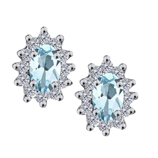 1.25 Carat Oval Shape Aquamarine and Diamond Gemstone Halo Stud Earrings In 10K White & Yellow Gold With Backs Mauli Jewels