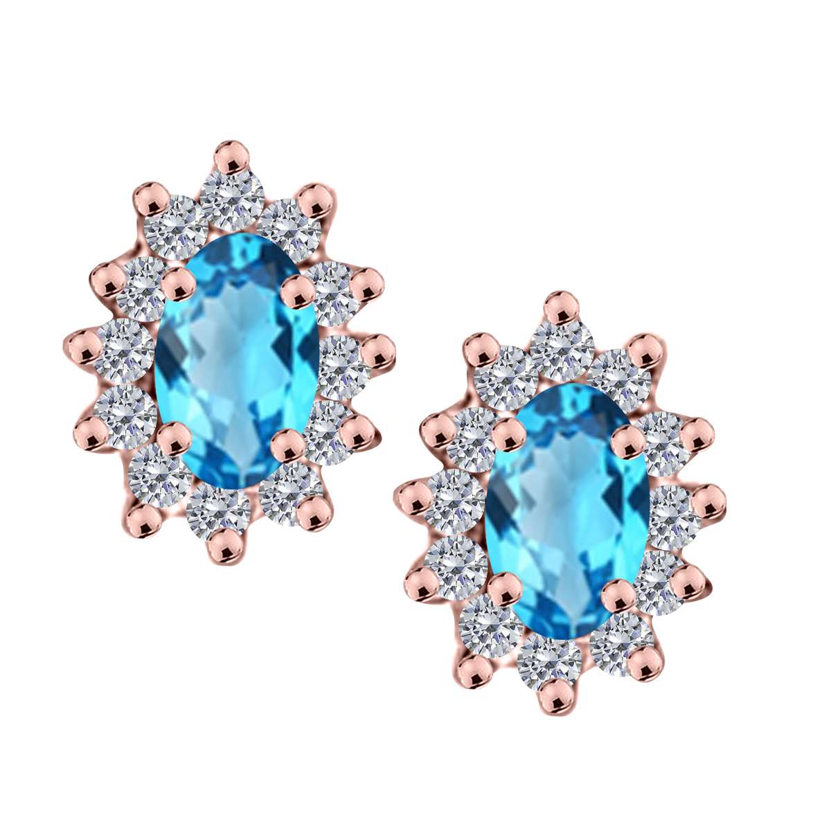 1.25 Carat Oval Shape Blue-topaz and Diamond Gemstone Halo Stud Earrings In 10K Rose White & Yellow Gold With Backs Mauli Jewels