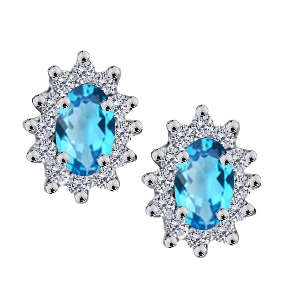 1.25 Carat Oval Shape Blue-topaz and Diamond Gemstone Halo Stud Earrings In 10K Rose White & Yellow Gold With Backs Mauli Jewels