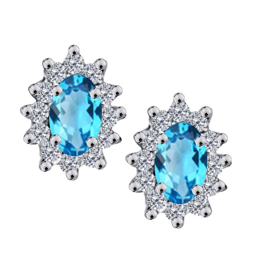 1.25 Carat Oval Shape Blue-topaz and Diamond Gemstone Halo Stud Earrings In 10K Rose White & Yellow Gold With Backs Mauli Jewels