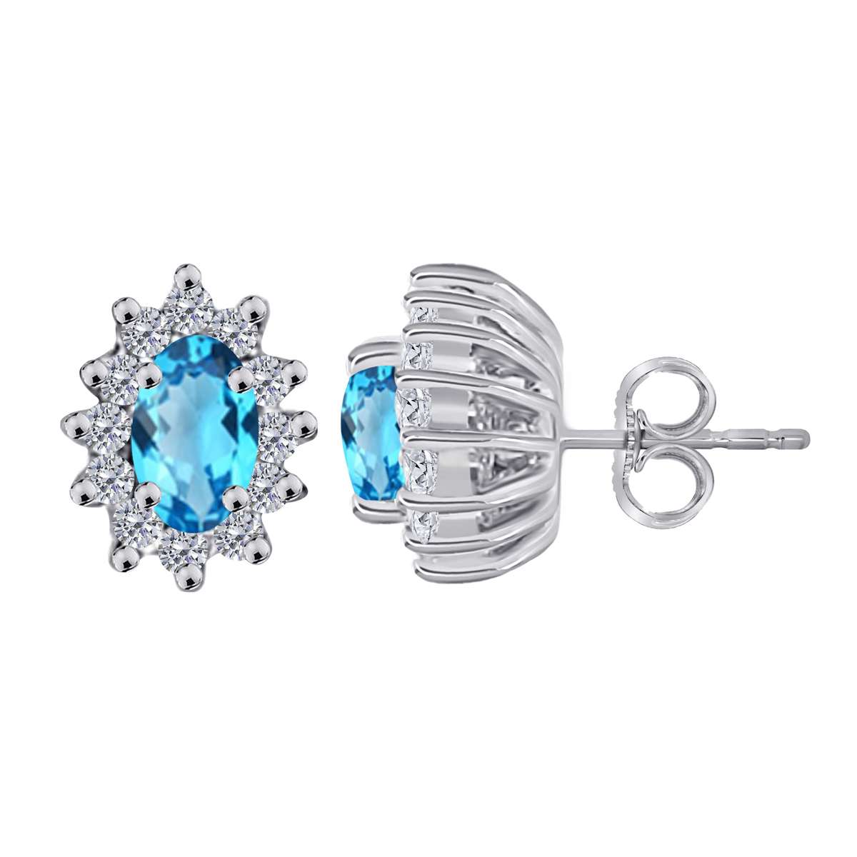 1.25 Carat Oval Shape Blue-topaz and Diamond Gemstone Halo Stud Earrings In 10K Rose White & Yellow Gold With Backs Mauli Jewels