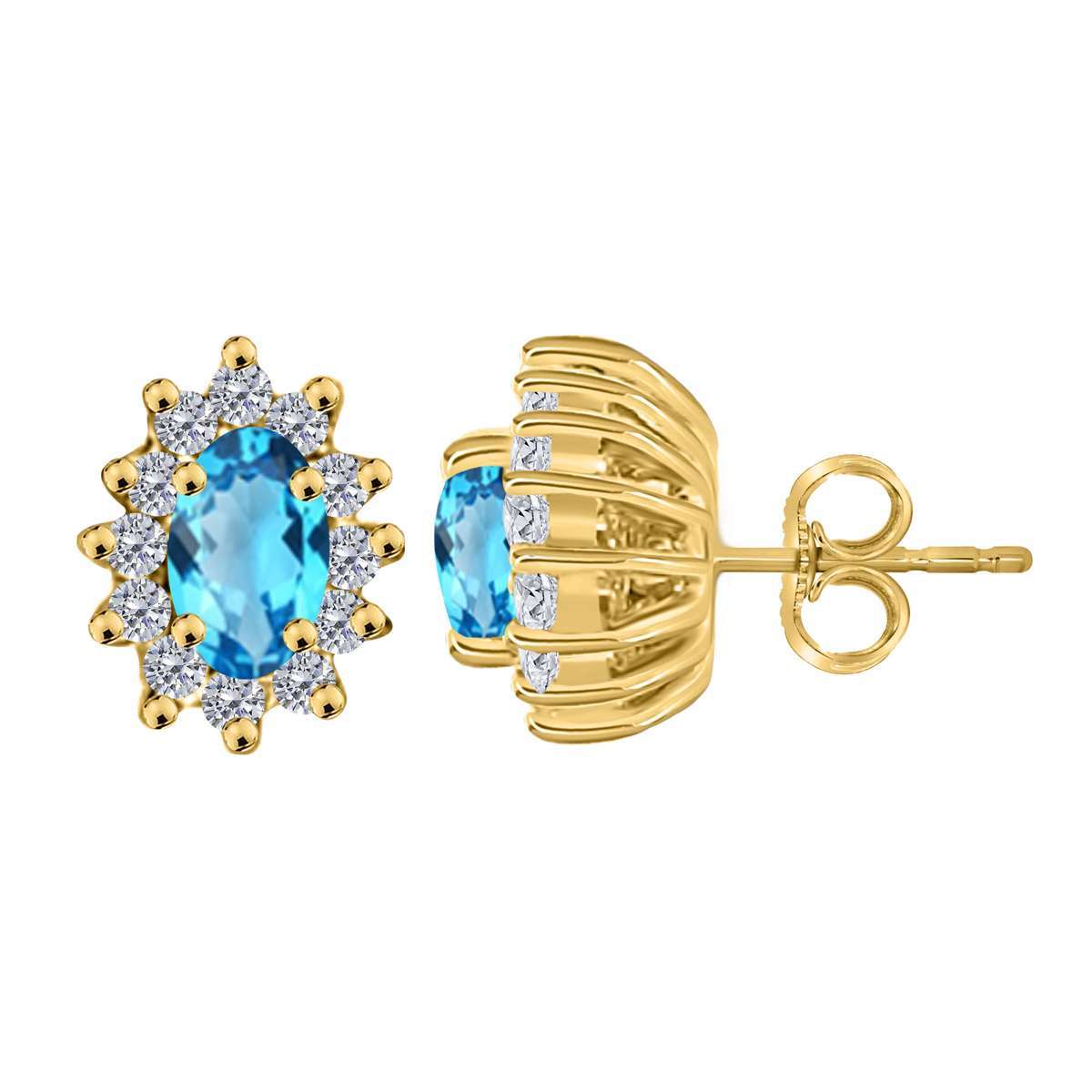 1.25 Carat Oval Shape Blue-topaz and Diamond Gemstone Halo Stud Earrings In 10K Rose White & Yellow Gold With Backs Mauli Jewels