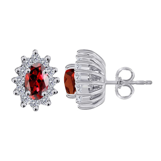 1.25 Carat Oval Shape Garnet and Diamond Gemstone Halo Stud Earrings In 10K White & Yellow Gold With Backs Mauli Jewels