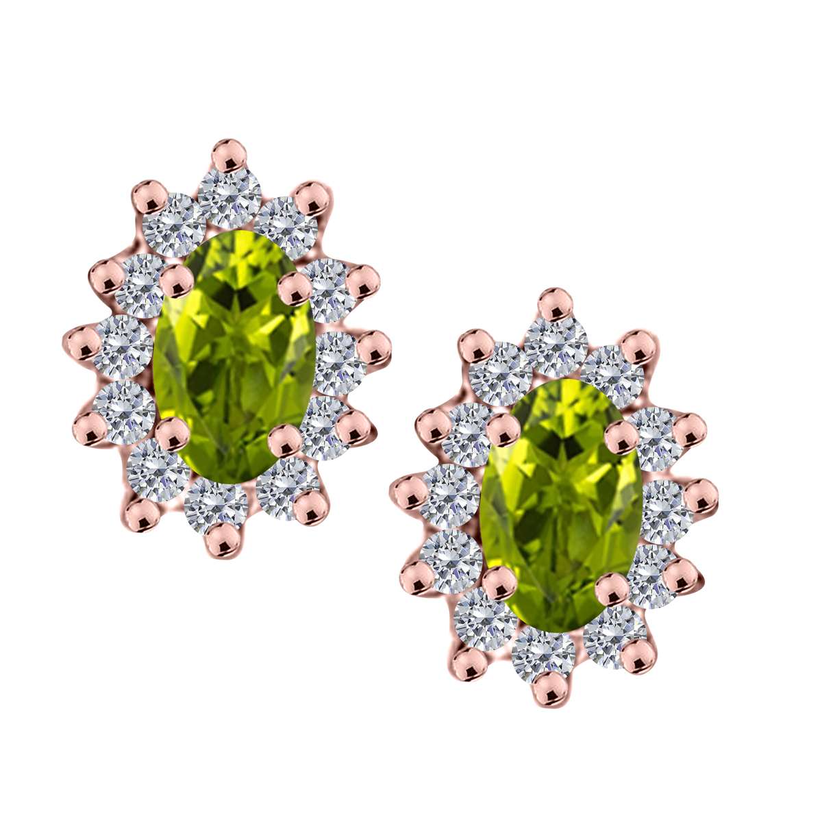 1.25 Carat Oval Shape Peridot and Diamond Gemstone Halo Stud Earrings In 10K White & Yellow Gold With Backs Mauli Jewels