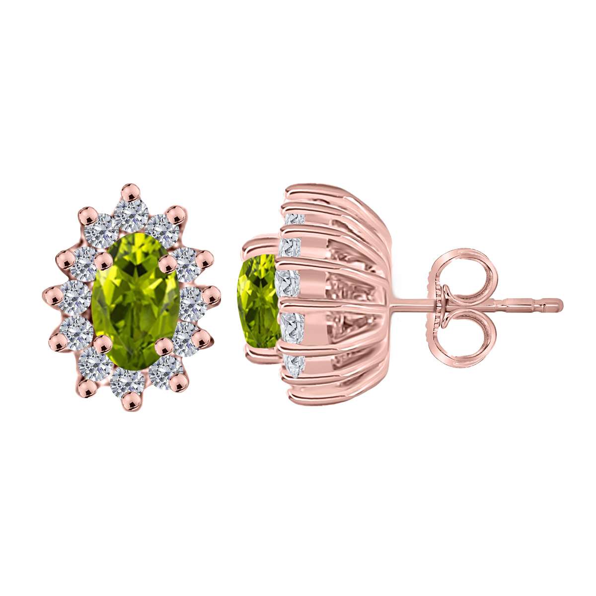 1.25 Carat Oval Shape Peridot and Diamond Gemstone Halo Stud Earrings In 10K White & Yellow Gold With Backs Mauli Jewels