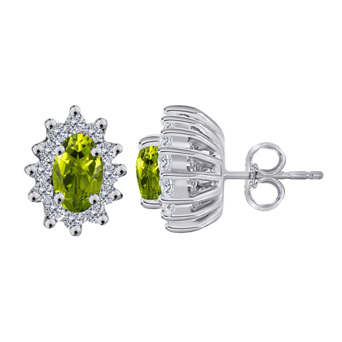 1.25 Carat Oval Shape Peridot and Diamond Gemstone Halo Stud Earrings In 10K White & Yellow Gold With Backs Mauli Jewels