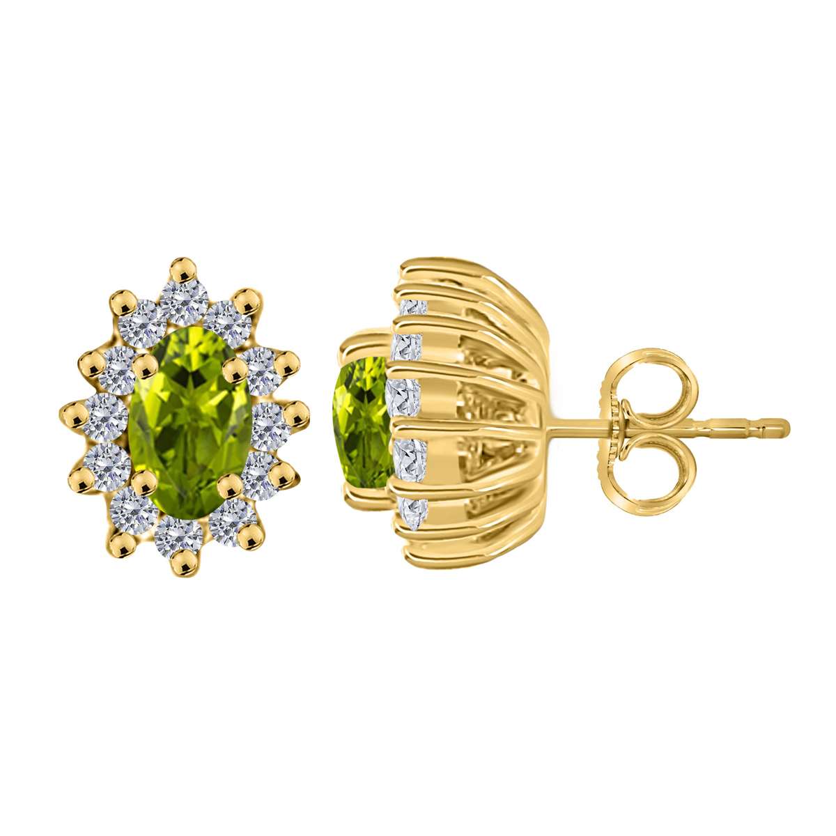 1.25 Carat Oval Shape Peridot and Diamond Gemstone Halo Stud Earrings In 10K White & Yellow Gold With Backs Mauli Jewels