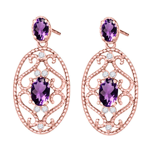 Mauli Jewels 1.55 Carat Oval Shape Amethyst & White Diamond Designer Earrings in 10K Rose, White & Yellow Gold Mauli Jewels