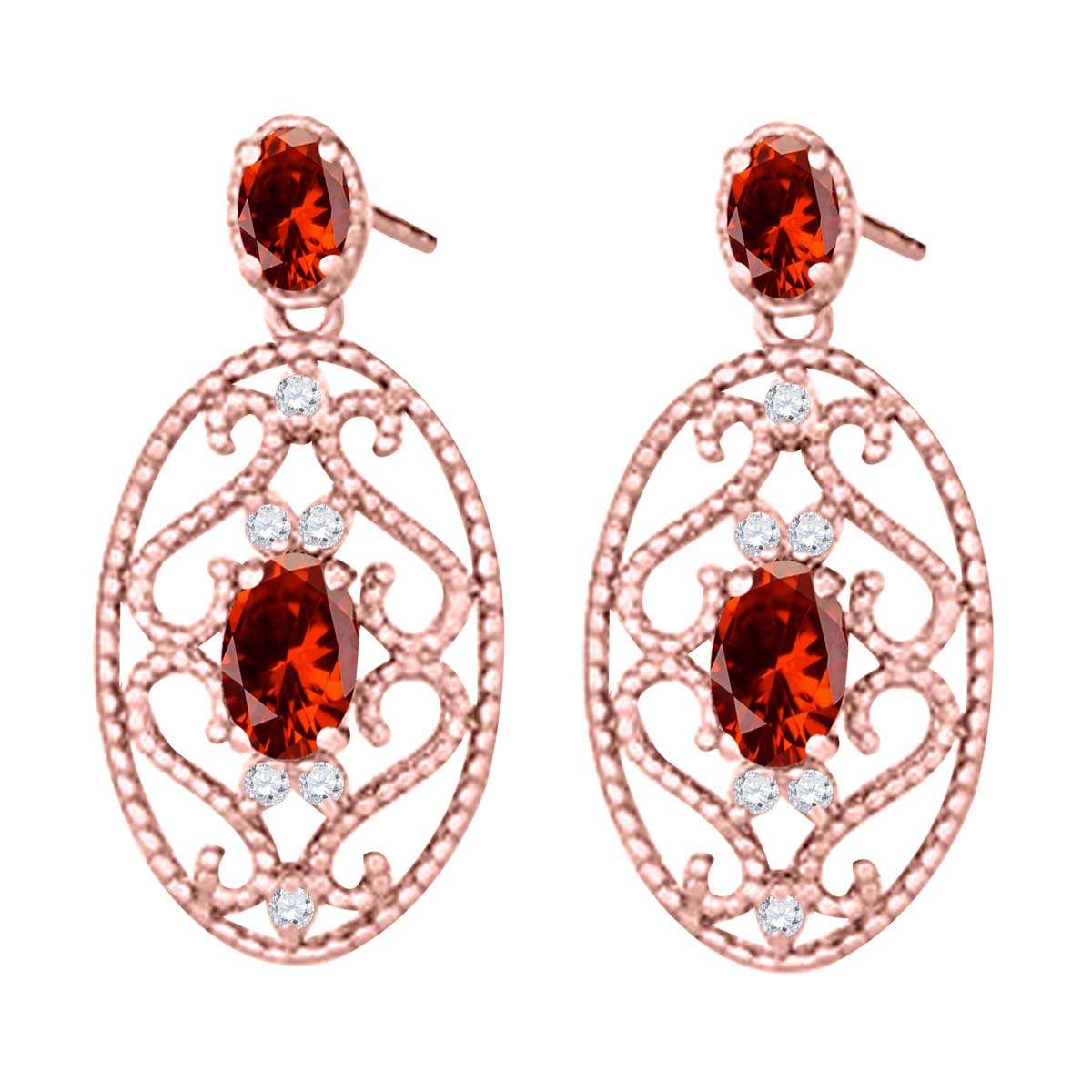 1.55 Carat Oval Shape Garnet and White Diamond Designer Gemstone Earrings For Women In 10K Rose White & Yellow Gold Mauli Jewels