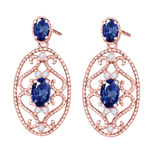 1.55 Carat Oval Shape Sapphire and White Diamond Designer Gemstone Earrings For Women In 10K Rose White & Yellow Gold Mauli Jewels