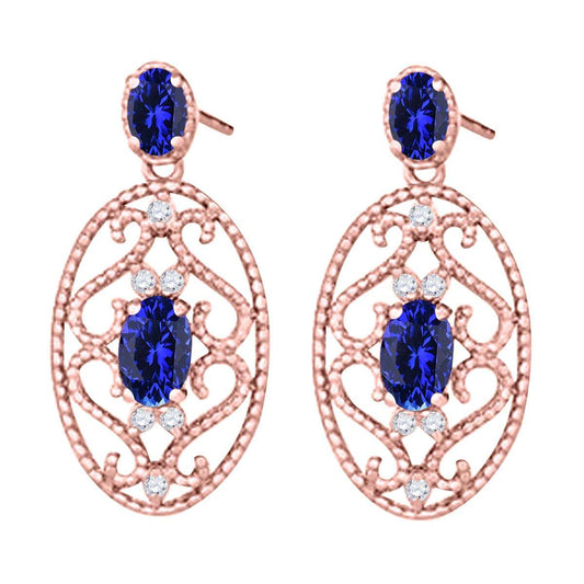 1.55 Carat Oval Shape Tanzanite and White Diamond Designer Gemstone Earrings For Women In 10K Rose White & Yellow Gold Mauli Jewels