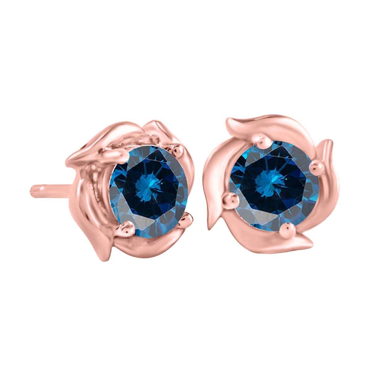 1.00 Carat Prong Set Blue Diamond Stud Earrings For Women In 14K Rose White & Yellow Gold With Secure Backs Mauli Jewels