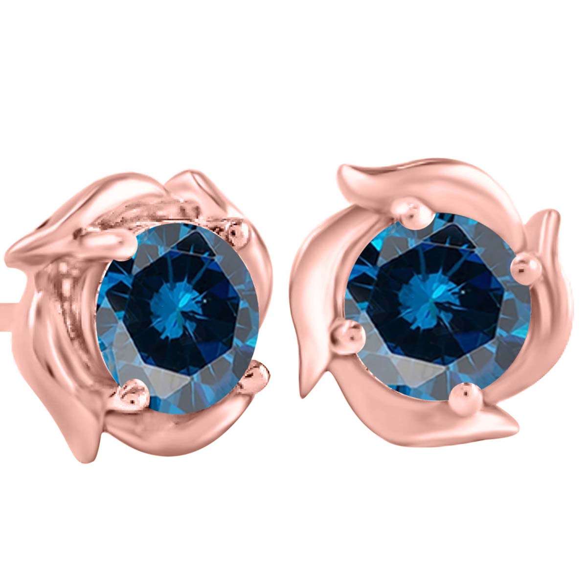 1.00 Carat Prong Set Blue Diamond Stud Earrings For Women In 14K Rose White & Yellow Gold With Secure Backs Mauli Jewels