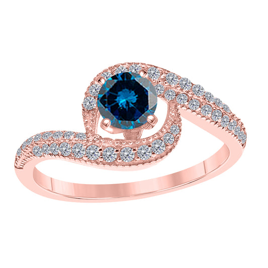 MauliJewels 1.00 Carat Blue & White Diamond Engagement Ring for Women in 10K Gold, Round Halo Style Curved Wedding Ring with 4 Prong Setting