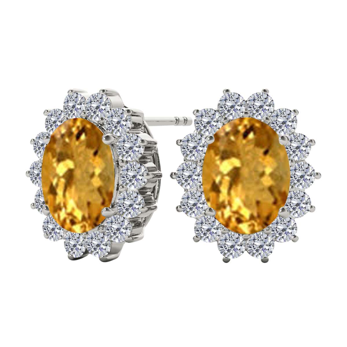 3.45 Carat Oval Citrine And Natural Round White Diamond Gemstone Stud Earrings Carat 10K White Gold / Yellow Gold Mauli Jewels
