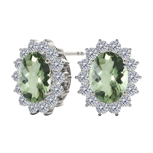 3.45 Carat Oval Green Amethyst Gemstone And Round Natural Diamond ( J-K/ I1-I2 ) Stud Earrings Carat 10K White & Yellow Gold Mauli Jewels