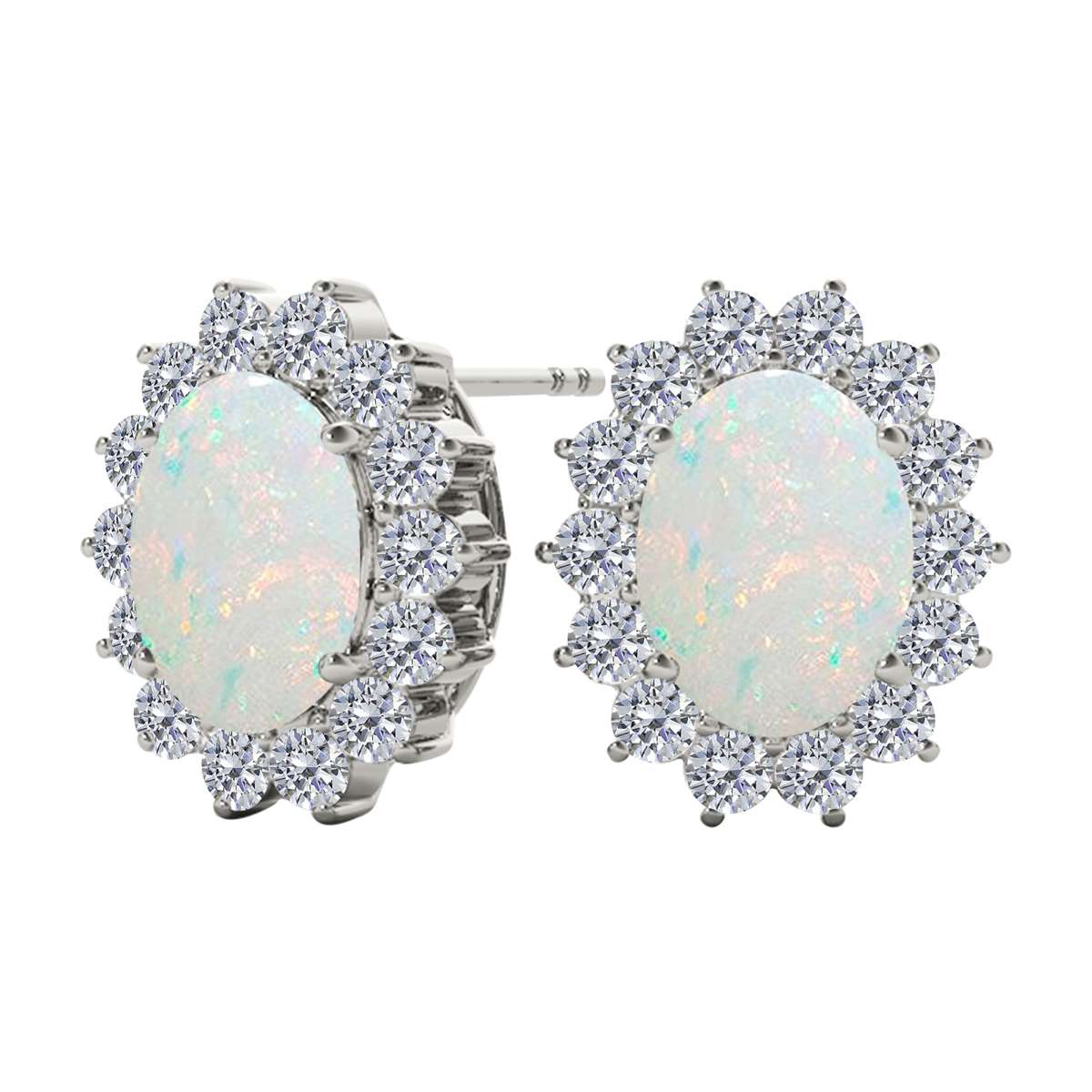 3.45 Carat Natural Diamond And Oval Opal Gemstone Stud Earrings For Women's In 10K White & Yellow Gold Mauli Jewels