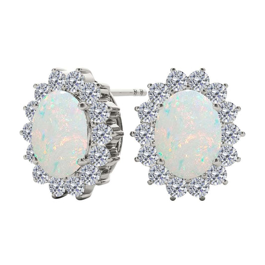 3.45 Carat Natural Diamond And Oval Opal Gemstone Stud Earrings For Women's In 10K White & Yellow Gold Mauli Jewels