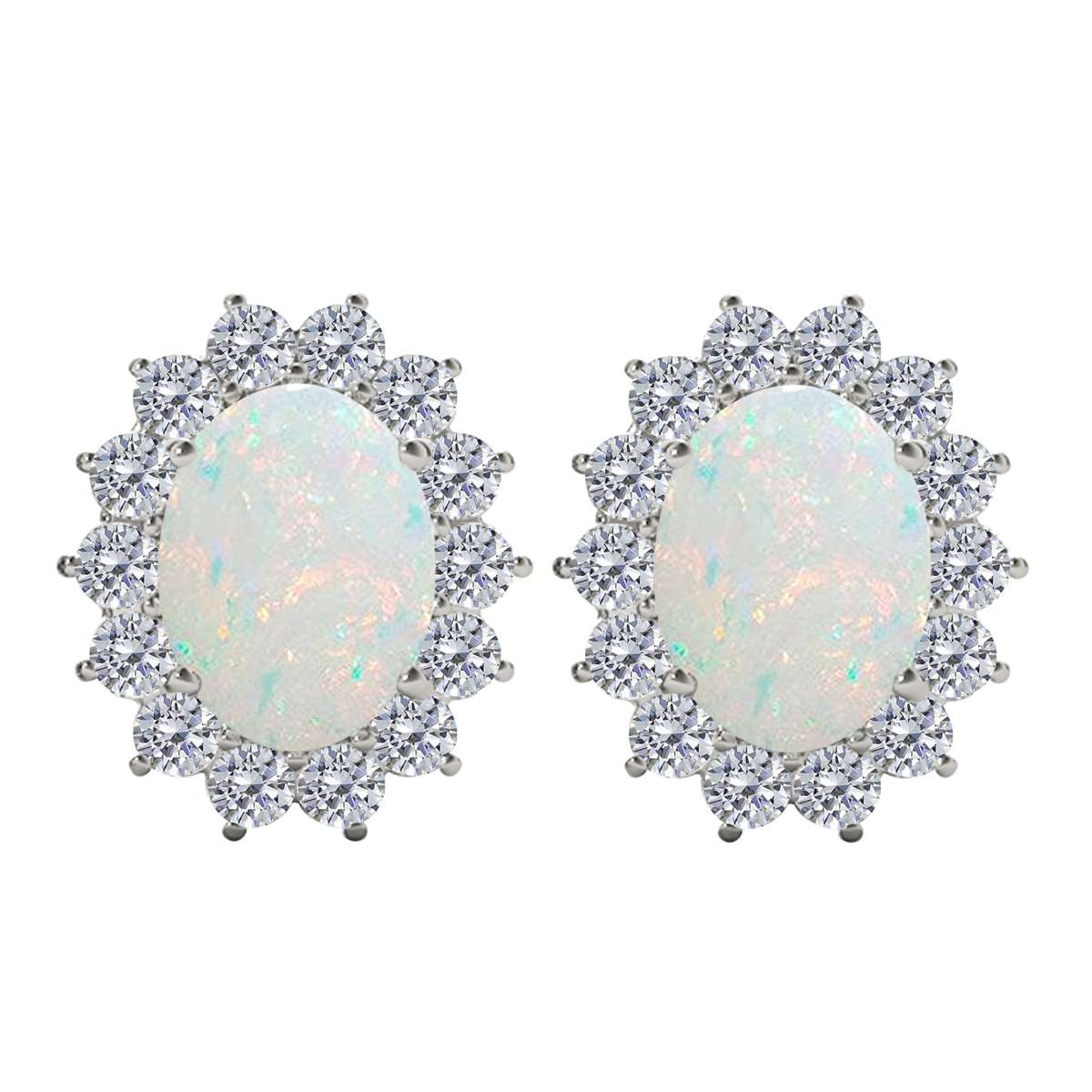 3.45 Carat Natural Diamond And Oval Opal Gemstone Stud Earrings For Women's In 10K White & Yellow Gold Mauli Jewels