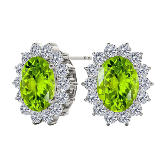 3.45 Carat Oval Shape Peridot And Round White Diamond Gemstone Stud Earrings Carat 10K White Gold Yellow Gold Mauli Jewels