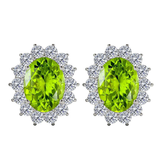 3.45 Carat Oval Shape Peridot And Round White Diamond Gemstone Stud Earrings Carat 10K White Gold Yellow Gold Mauli Jewels