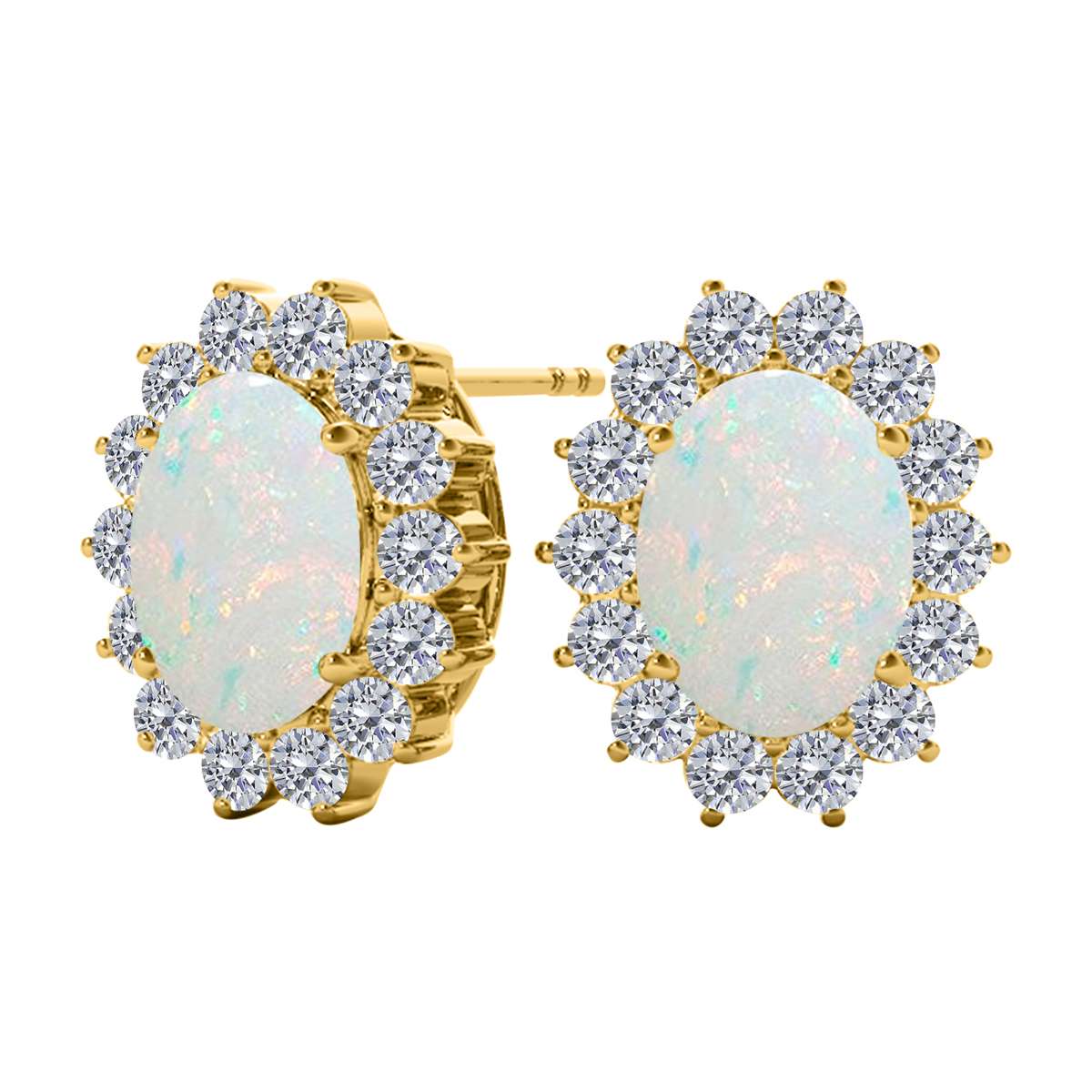 3.45 Carat Natural Diamond And Oval Opal Gemstone Stud Earrings For Women's In 10K White & Yellow Gold Mauli Jewels