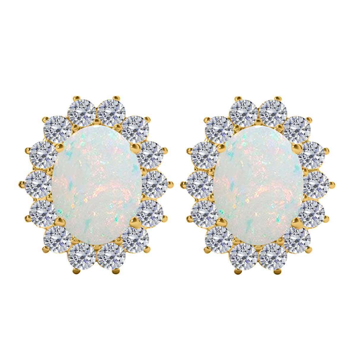 3.45 Carat Natural Diamond And Oval Opal Gemstone Stud Earrings For Women's In 10K White & Yellow Gold Mauli Jewels