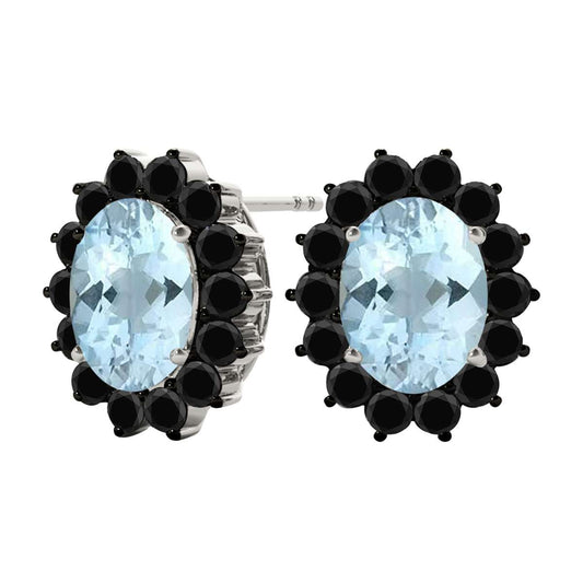3.45 Carat Oval Shape Aquamarine And Natural Black Diamond Stud Earrings Carat 10K White Gold/Yellow Gold Mauli Jewels