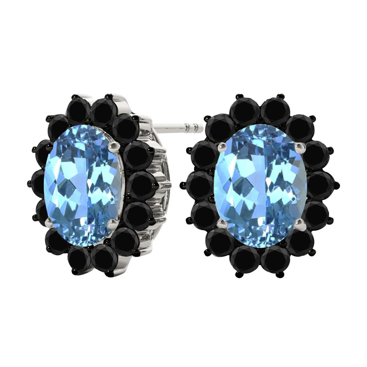 3.45 Carat Oval Shape Blue-topaz And Natural Black Diamond Stud Earrings Carat 10K White Gold / Yellow Gold Mauli Jewels