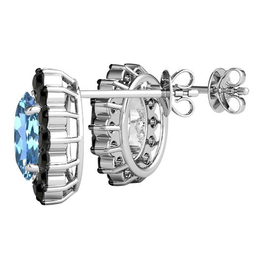3.45 Carat Oval Shape Blue-topaz And Natural Black Diamond Stud Earrings Carat 10K White Gold / Yellow Gold Mauli Jewels