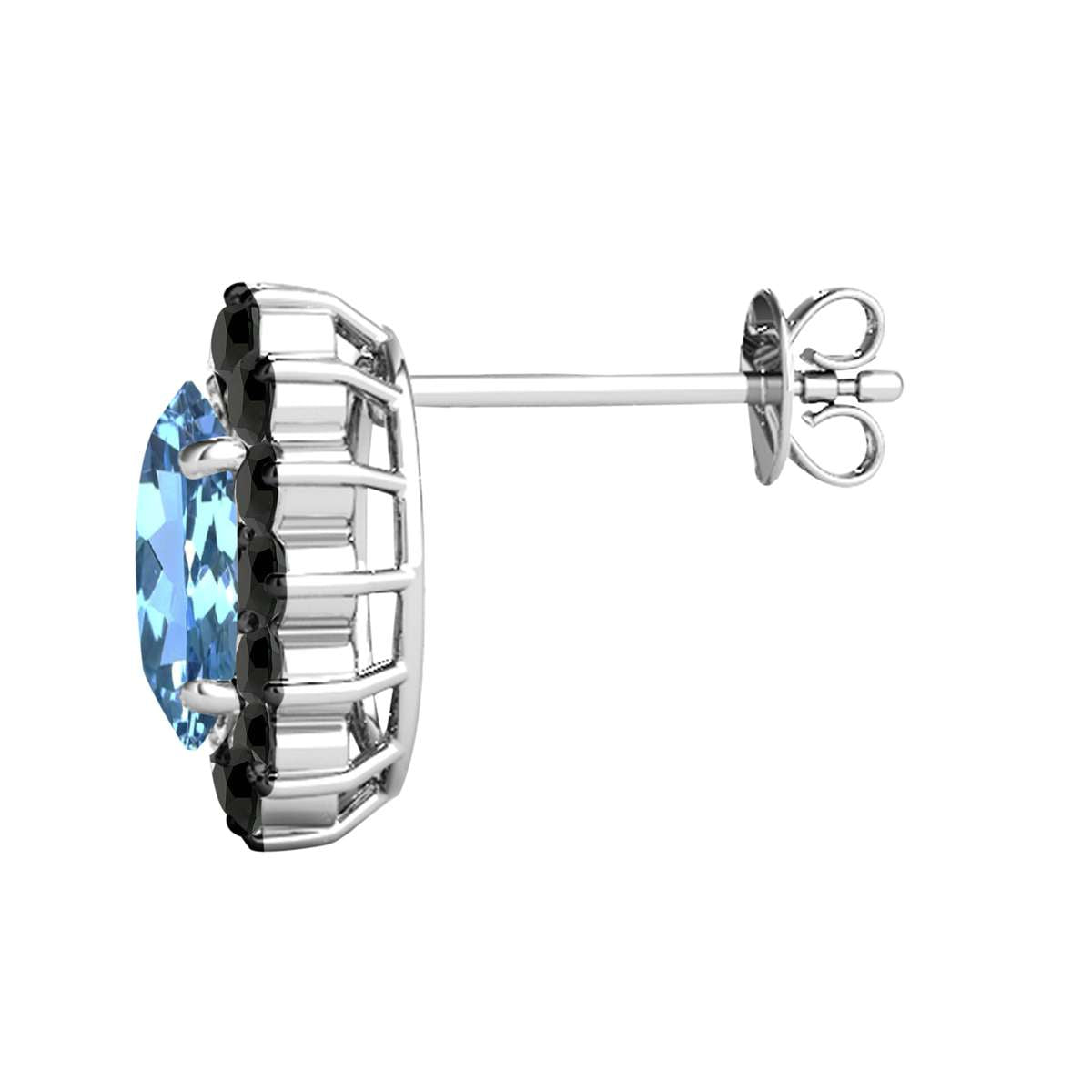 3.45 Carat Oval Shape Blue-topaz And Natural Black Diamond Stud Earrings Carat 10K White Gold / Yellow Gold Mauli Jewels