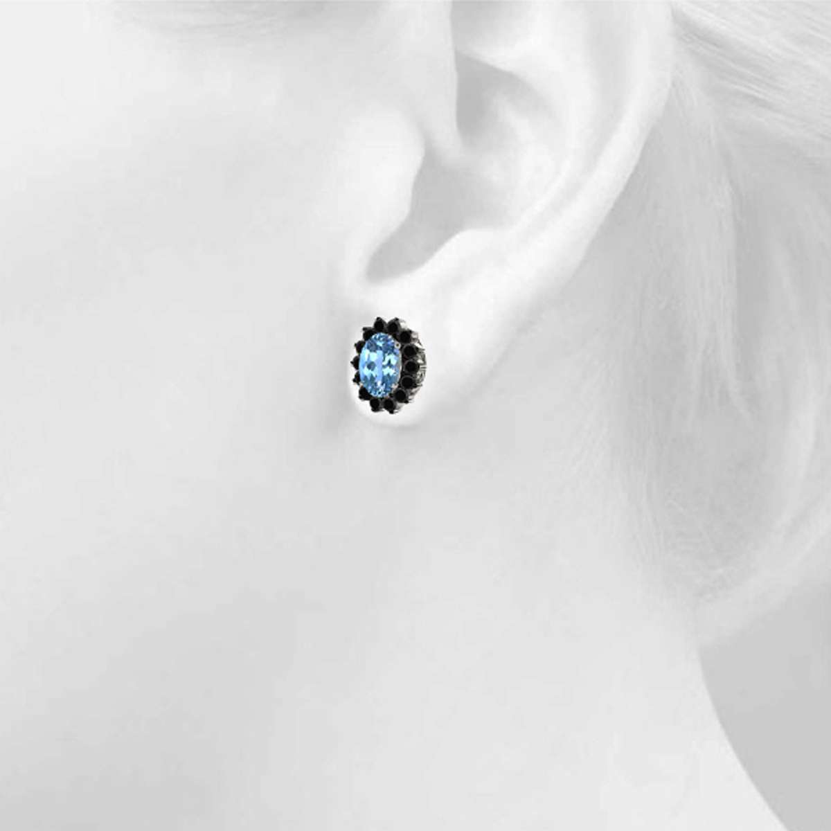 3.45 Carat Oval Shape Blue-topaz And Natural Black Diamond Stud Earrings Carat 10K White Gold / Yellow Gold Mauli Jewels