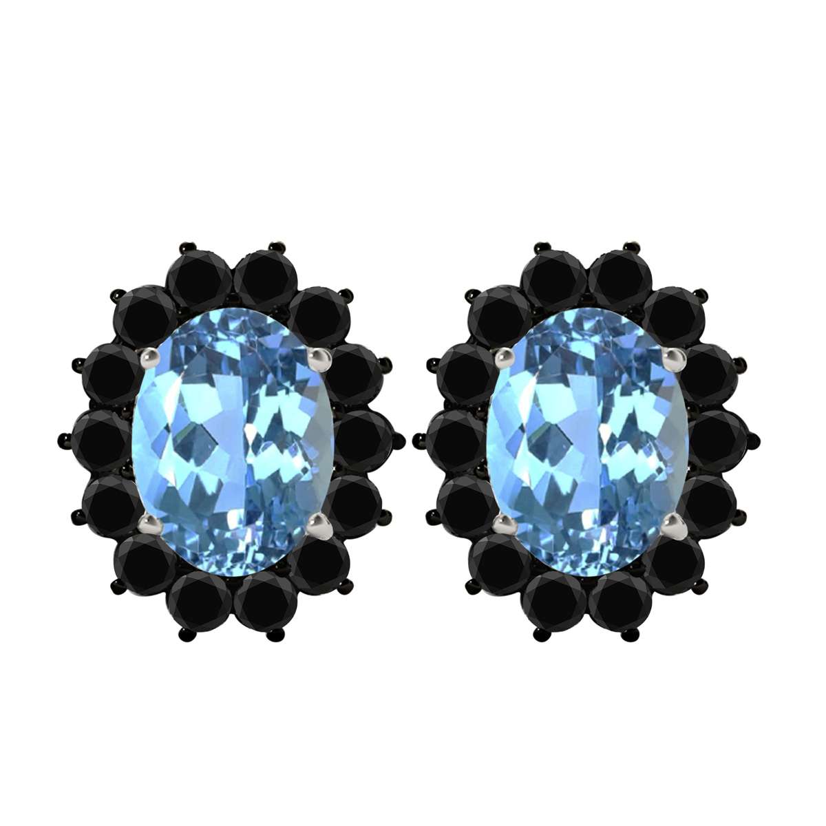 3.45 Carat Oval Shape Blue-topaz And Natural Black Diamond Stud Earrings Carat 10K White Gold / Yellow Gold Mauli Jewels