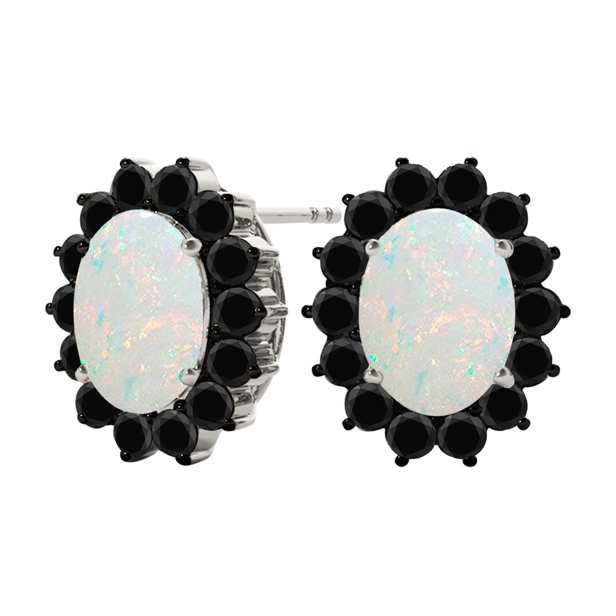 3.45 Carat Oval Shape Opal And Natural Black Diamond Stud Earrings Carat 10K White Gold / Yellow Gold Mauli Jewels