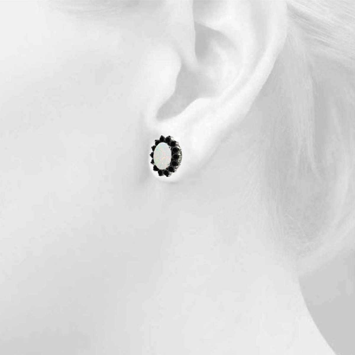 3.45 Carat Oval Shape Opal And Natural Black Diamond Stud Earrings Carat 10K White Gold / Yellow Gold Mauli Jewels