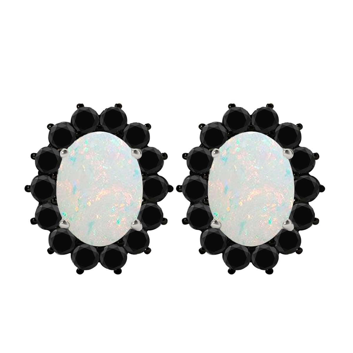 3.45 Carat Oval Shape Opal And Natural Black Diamond Stud Earrings Carat 10K White Gold / Yellow Gold Mauli Jewels