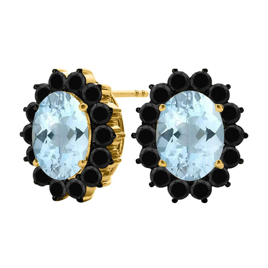 3.45 Carat Oval Shape Aquamarine And Natural Black Diamond Stud Earrings Carat 10K White Gold/Yellow Gold Mauli Jewels