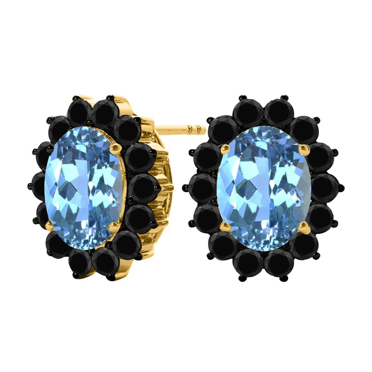 3.45 Carat Oval Shape Blue-topaz And Natural Black Diamond Stud Earrings Carat 10K White Gold / Yellow Gold Mauli Jewels