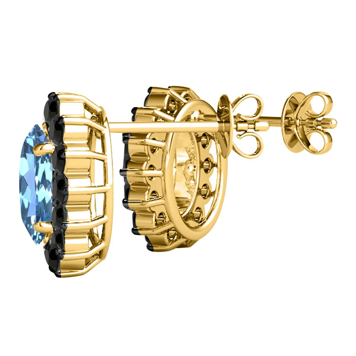 3.45 Carat Oval Shape Blue-topaz And Natural Black Diamond Stud Earrings Carat 10K White Gold / Yellow Gold Mauli Jewels