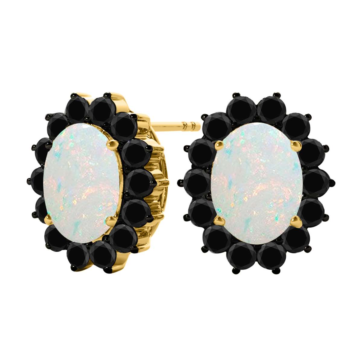 3.45 Carat Oval Shape Opal And Natural Black Diamond Stud Earrings Carat 10K White Gold / Yellow Gold Mauli Jewels