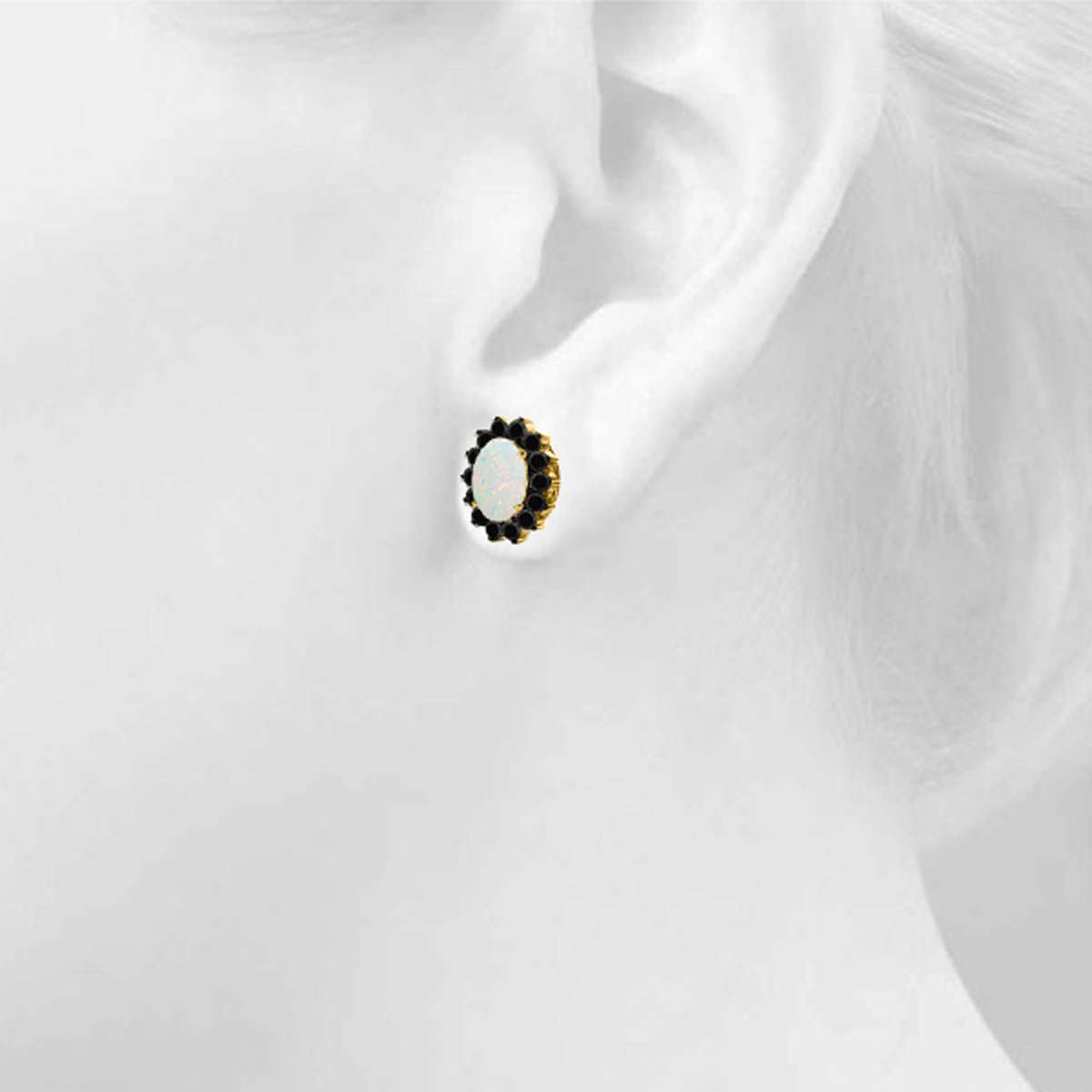 3.45 Carat Oval Shape Opal And Natural Black Diamond Stud Earrings Carat 10K White Gold / Yellow Gold Mauli Jewels