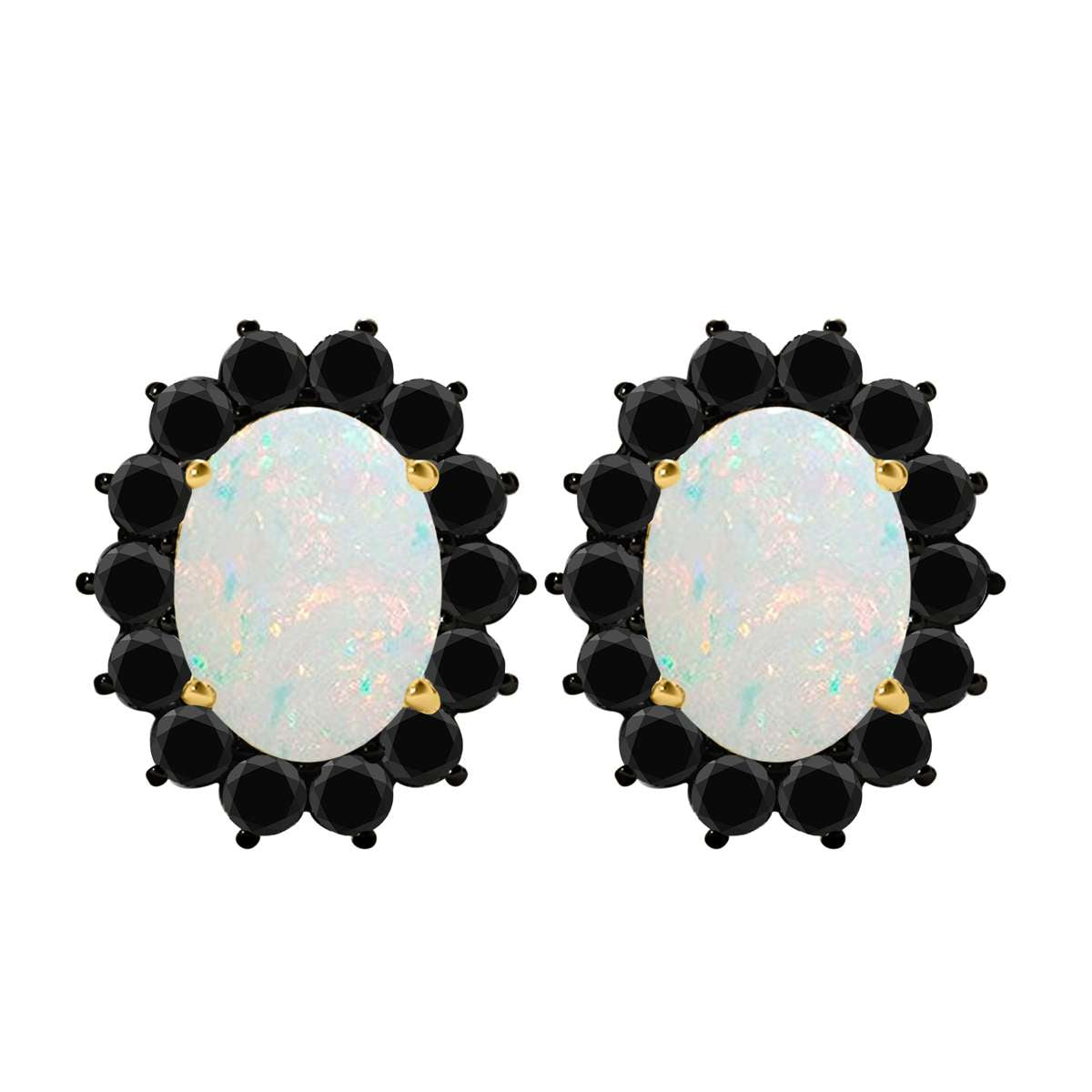 3.45 Carat Oval Shape Opal And Natural Black Diamond Stud Earrings Carat 10K White Gold / Yellow Gold Mauli Jewels