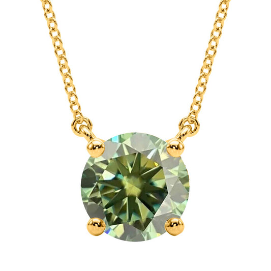Mauli Jewels 14K Gold 3.00 Ct Lab Grown Green Moissanite Diamond Pendant Necklace Women (EF-VS1, 1 Stone) with Gold Cable Chain – Classic Round Solitaire Design