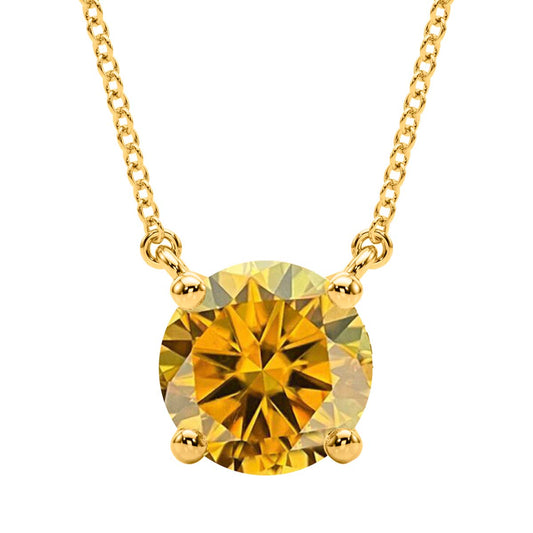 Mauli Jewels 14K Gold 2.00 Ct Lab Grown Yellow Moissanite Diamond Pendant Necklace Women (EF-VS1, 1 Stone) with Gold Cable Chain – Classic Round Solitaire Design