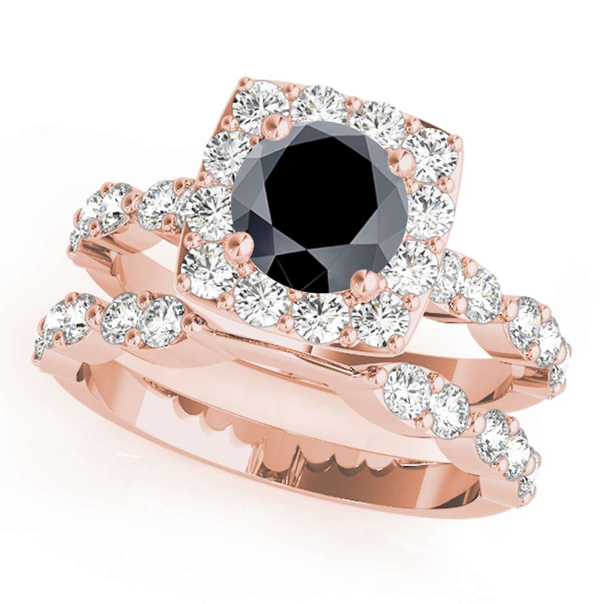 2.08 Carat Black & White Diamond Bridal Set - Halo Engagement Ring in 14K Rose, White, or Yellow Gold Mauli Jewels