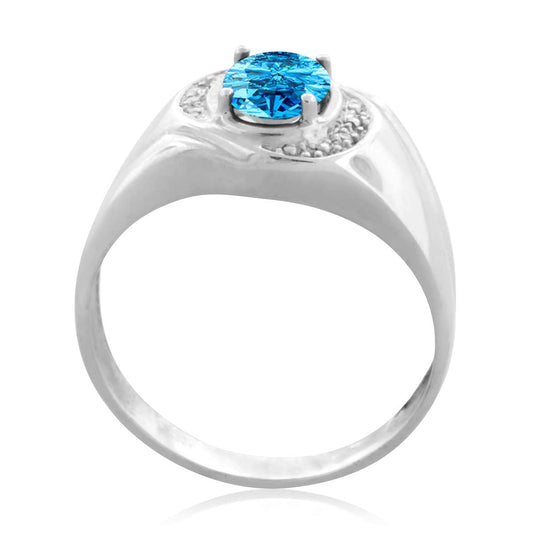 0.95 Carat Oval Shape Blue-topaz And Prong Set White Diamond Rings For Men In 10K Yellow Gold / White Gold Mauli Jewels