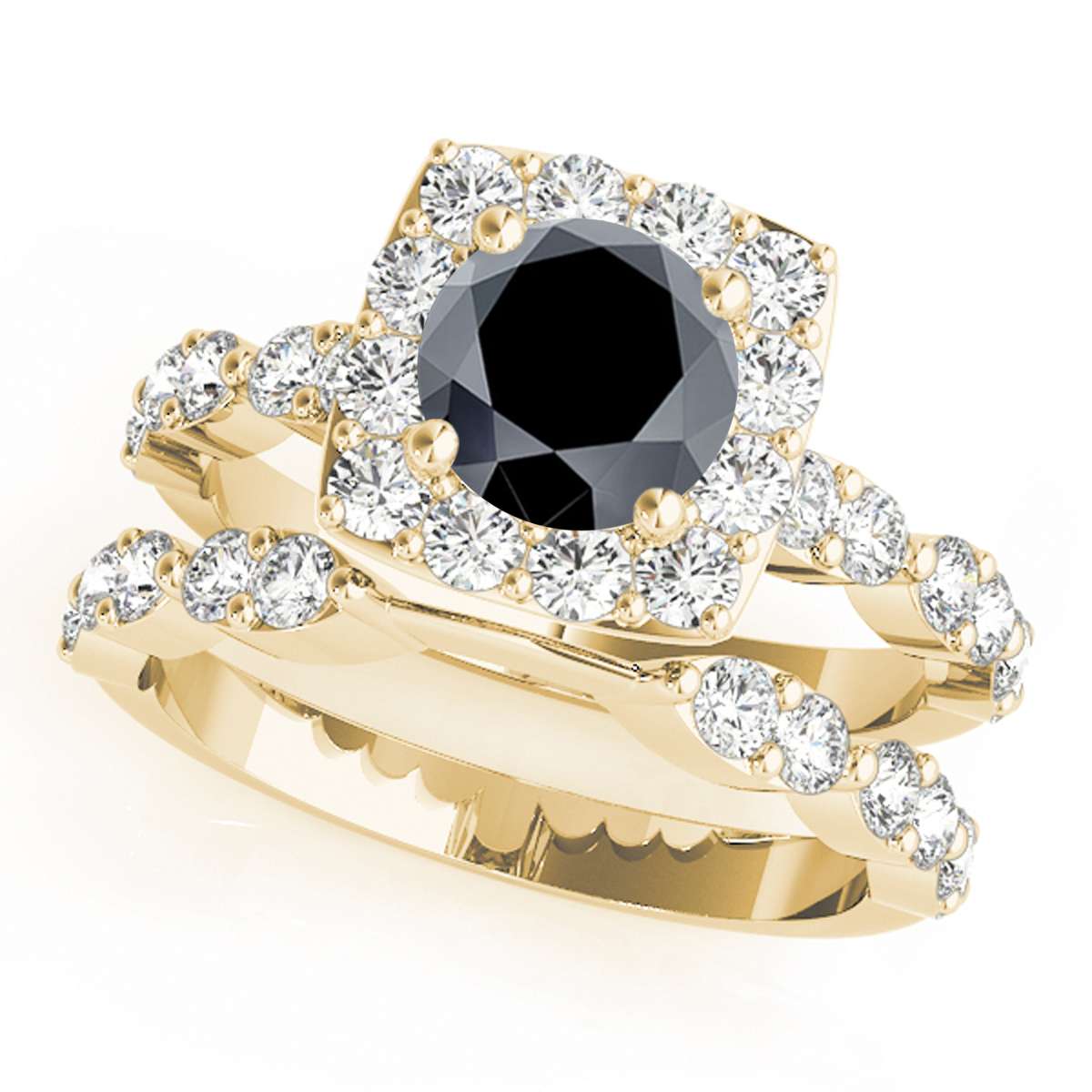 2.08 Carat Black & White Diamond Bridal Set - Halo Engagement Ring in 14K Rose, White, or Yellow Gold Mauli Jewels