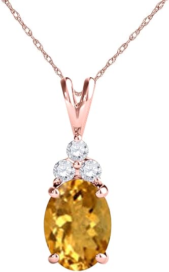 Mauli Jewels 1.25 CT Oval Natural Citrine & White Diamond Pendant | 10K Rose, White, Yellow Gold | 18" Gold Plated Silver Chain | Antique Style Gemstone Necklace
